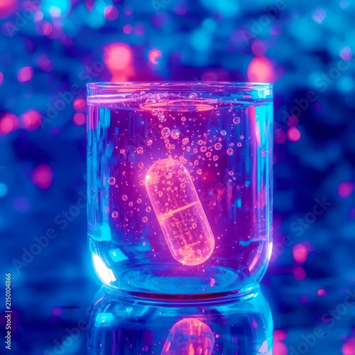 Vibrant pill floats in clear water, glowing softly