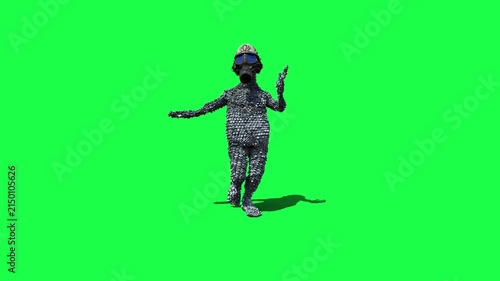 3D Weird Goofy Character in Bubble Wrap Costume and Gas Mask, Running Loop, Front View, Green Screen Chromakey