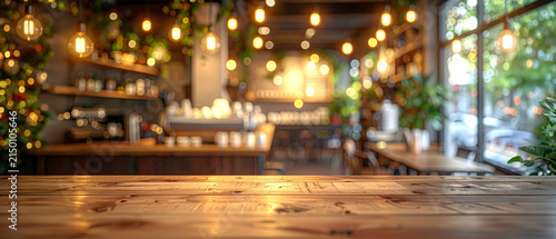 Empty wooden table top with blurred modern cafe interior and bokeh lights background for product display 16：9