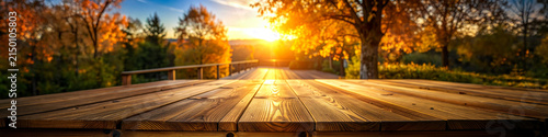 Empty wooden table perspective with autumn forest landscape at sunset background for product display　4：1