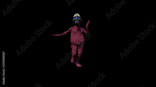 3D Weird Goofy Character in Crocheted Sweater and Gas Mask, Running Loop, Front View, Alpha Channel