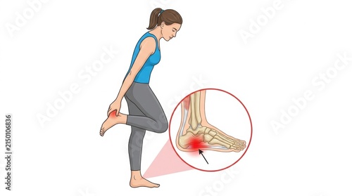 Woman experiencing heel pain with anatomical illustration of plantar fasciitis