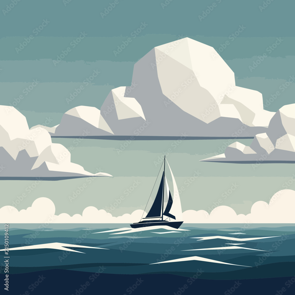 Naklejka premium Minimalist Flat Vector Illustration of a Sailboat Navigating Deep Blue Ocean Waves under Stylized Clouds