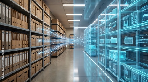 Physical archive shelves transforming into glowing digital folders. Concept of digital transformation, cloud storage, and data management.