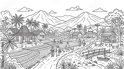 Rural Village Landscape Coloring Page with Mountains Rice Fields and Traditional Houses Line Art Illustration