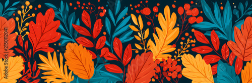 A banner in a retro color, featuring autumn leaves and berries, created in a flat doodle style. Vector illustration.