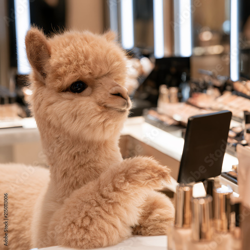 Cute alpaca looking at a smartphone in a beauty salon