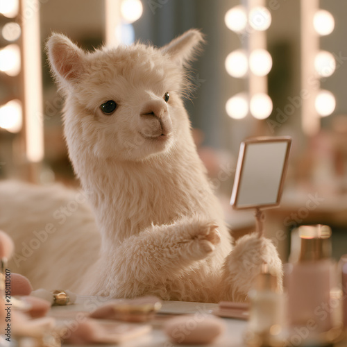 Cute alpaca looking at a smartphone in a beauty salon