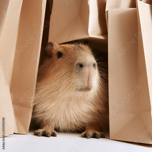 Cute capybara hiding between paper shopping bags