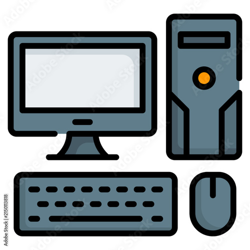 Desktop computer filled line icon. Personal workstation and PC hardware symbol.