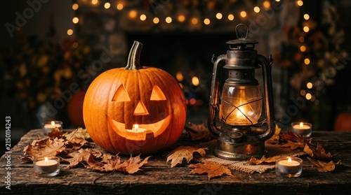 Carved jack o lantern pumpkin with glowing candles and vintage oil lantern on a rustic wooden table for halloween