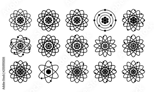 Bild auf Leinwand Scientific atom icons set, 15 black vector physics symbols, molecular structure