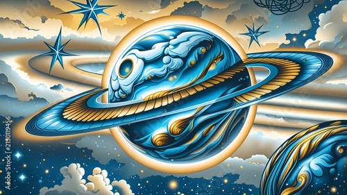 Stylized Blue and Gold Ringed Planet Floating Among Cosmic Clouds and Stars