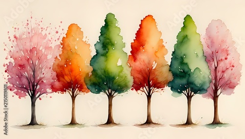 Watercolor painting of a row of colorful trees in various seasons