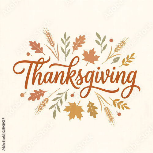 Elegant thanksgiving cursive text with autumn leaves and berries