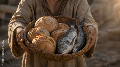 A person holding a woven basket containing five loaves of bread and two fish, biblical miracle representation