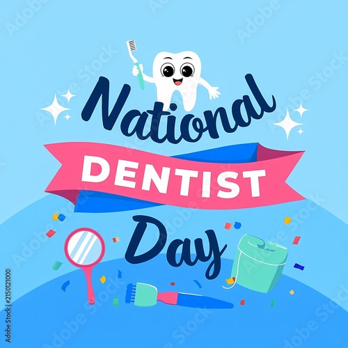 Cute cartoon tooth celebrating national dentist day with dental tool illustration