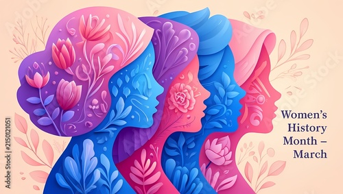Colorful illustration of four women profiles celebrating womens history month