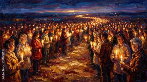 Crowd with candles in expressive oil painting style.