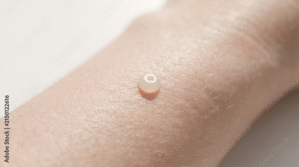 Fototapeta premium Close-up of a clear fluid-filled blister or wart on human skin, dermatological skin condition.