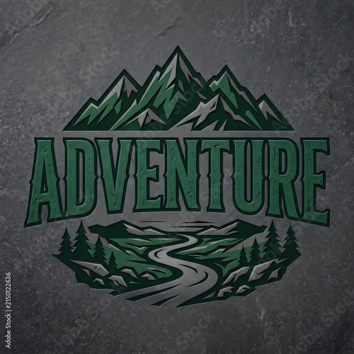 Bold adventure text with mountain and road illustration in dark background