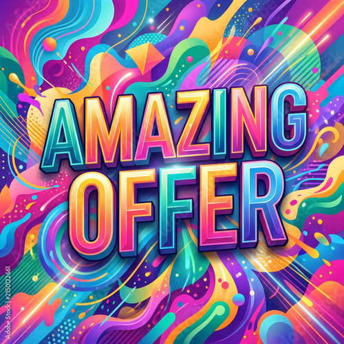 Amazing colorful offer text with vibrant pixel explosion background