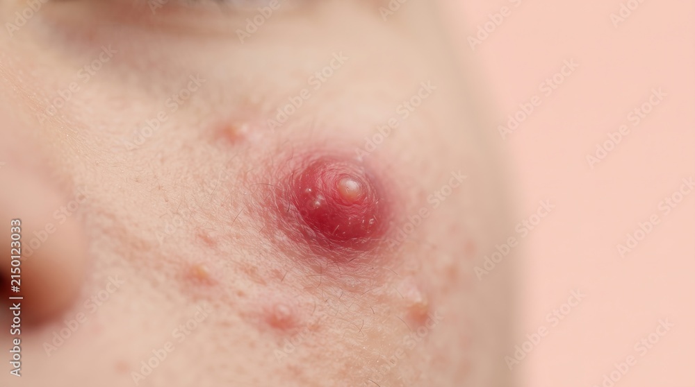 Fototapeta premium Extreme close-up of a large inflamed cystic acne pimple with a whitehead on a person's cheek.
