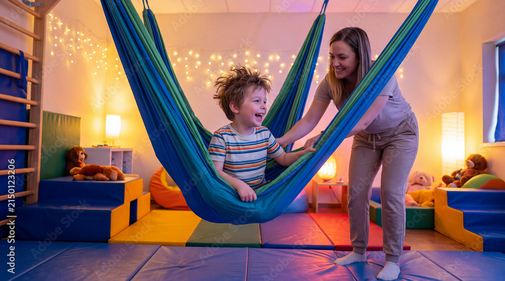 Fototapeta premium Hammock child woman therapy sensory gym play smile indoor swing, happy child enjoying sensory hammock therapy with woman in colorful indoor gym, soft light, padded floor, toy, playful mood