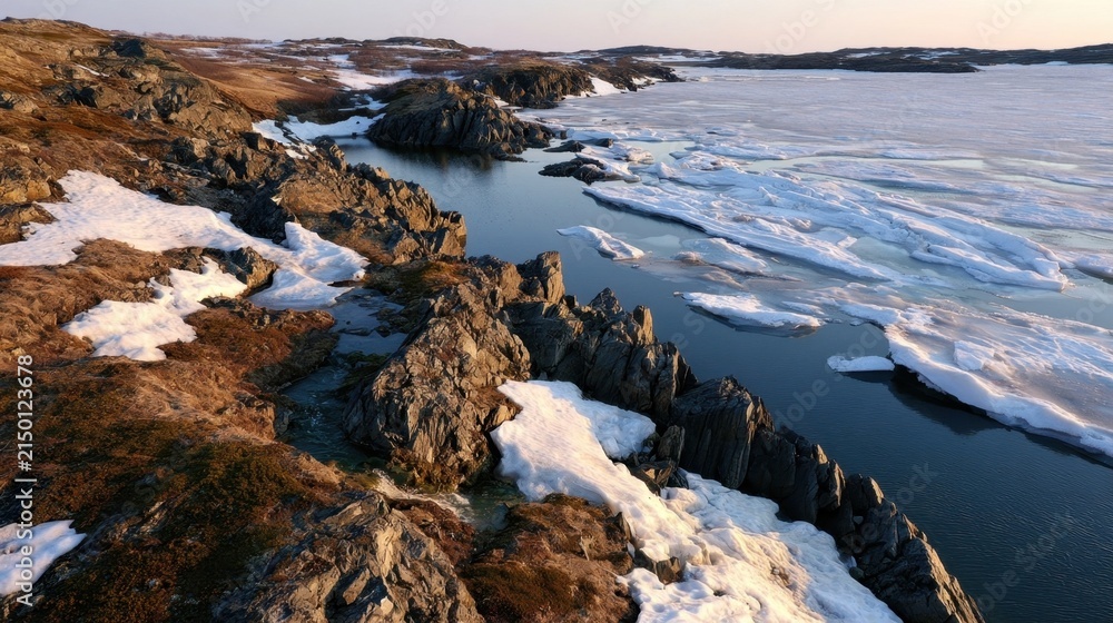 Fototapeta premium A subarctic coastal landscape with rocky shoreline and frozen sea