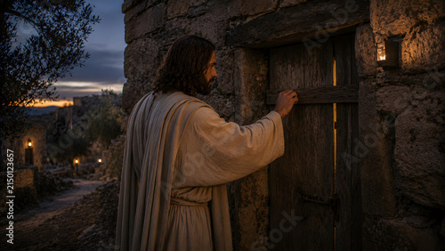 A man in traditional robes knocking on a rustic wooden door of a stone house at twilight, symbolizing faith and spiritual seeking
