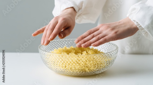 Person using hands above glass bowl filled with raw uncooked rotini pasta shapes