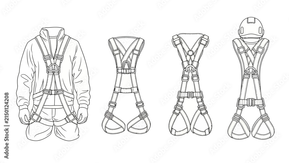 Fototapeta premium Industrial Safety Harness and Fall Protection PPE Line Art Vector Set