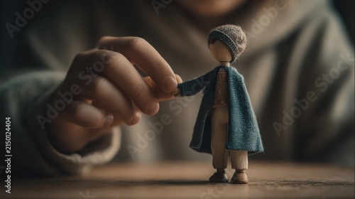 Close up of gentle human hand touching small wooden figurine dressed in blue coat and hat on wooden surface with soft blurred background