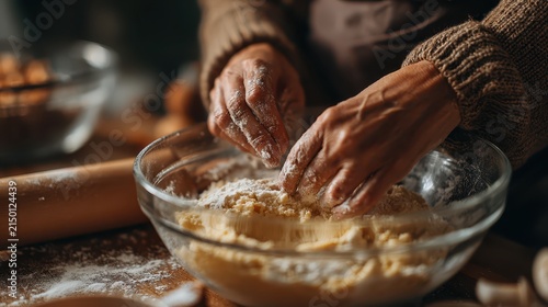 Close up of hands mixing fresh dough in a glass bowl for homemade rustic baking and pastry preparation on wooden surface