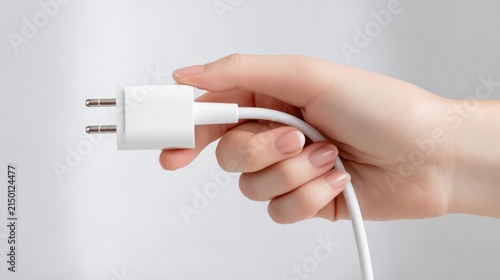 Close up of woman holding white electrical power plug for charging hand holding a white electrical power plug for household appliances