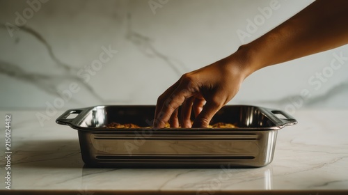 A person touching freshly baked delicious food inside a metal baking pan resting on a marble countertop surface indoors
