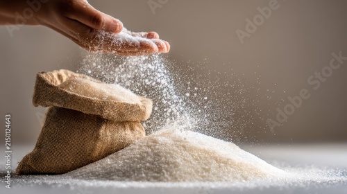 Close up of human hands pouring fine white sugar into small burlap sack with texture