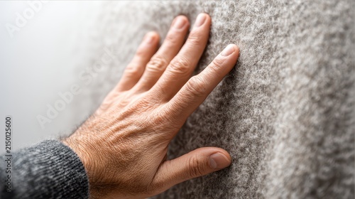 A person touching a soft woolen fabric surface with hand fingers close up view showing texture