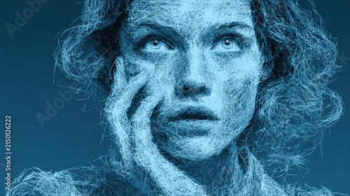 Abstract digital portrait of woman crafted from intricate blue lines and mesh structures
