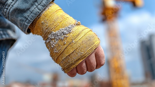 Close up of a worker hand wearing yellow safety tape on construction site with equipment