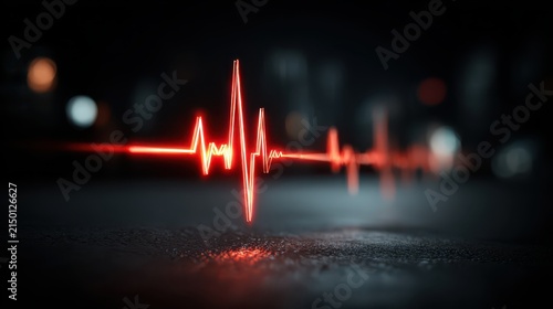 Neon red ekg heartbeat glowing against dark blurred background surface glowing red heartbeat against dark surface for medical background