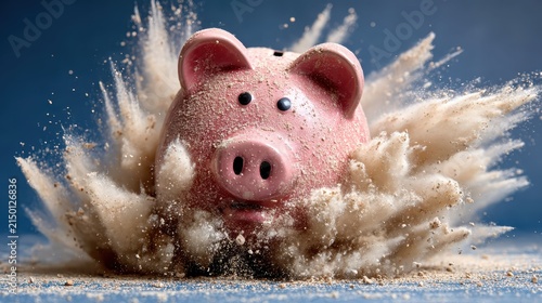 Pink piggy bank impacting with dust explosion on blue background dynamic conceptual shot of pink piggy bank causing massive dusty explosion