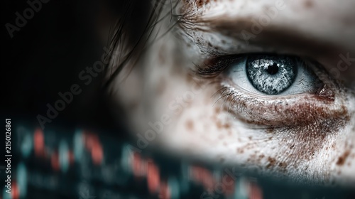 Intense close up portrait of human eye with freckles looking at blurred digital data trading chart screen reflection