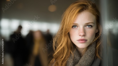 Portrait of a young red haired woman with freckles and intense blue eyes in soft light