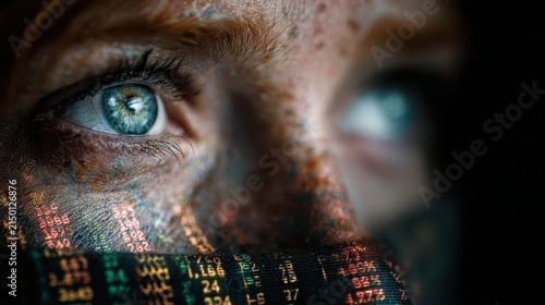 Close up of human eye reflecting financial stock market data numbers macro shot of eye overlayed with digital financial trading market statistics