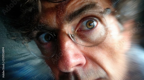 Close up portrait of man with glasses featuring intense staring eyes and radial light effect