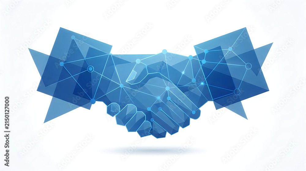 Obraz premium Abstract digital handshake with geometric blue network lines. Futuristic business partnership concept. Tech connection and corporate agreement.