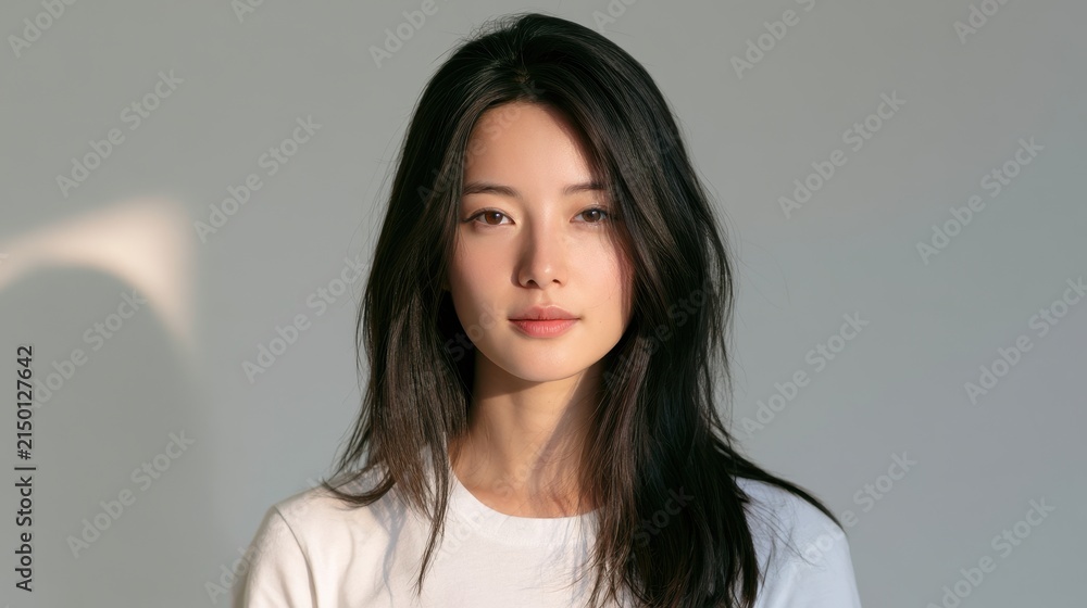 Obraz premium Portrait of a beautiful young asian woman with long dark hair looking at the camera
