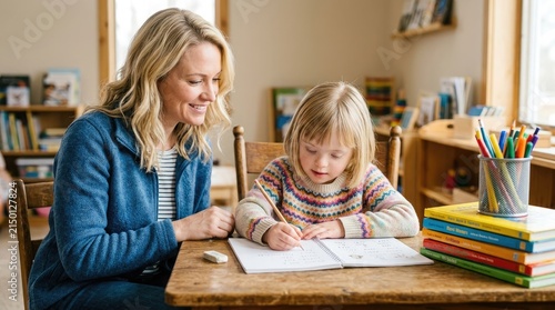 A caring female teacher helping a young girl with her schoolwork during a lesson to celebrate the spirit of teacher's day at school