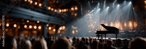 Jazz club stage inviting performance with grand piano, double bass, and drum kit under warm spotlights, setting a mood for an evening show and live music event